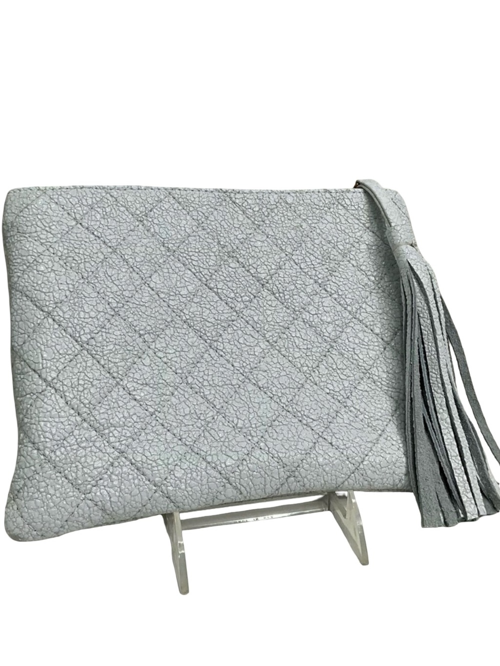 LAGGO Ice White Crackled Metallic Wristlet Clutch Tassel Pouch